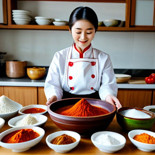 Gochujang Preparation Scene**

A brightly lit kitchen scene, featuring a woman in a professional chef's apron, fully clothed, mixing vibrant red gochugaru with other ingredients in a traditional Korean earthenware bowl. Around her are arranged small bowls containing various ingredients like glutinous rice flour, meju powder, garlic, and ginger. In the background, blurred, are traditional Korean kitchen tools and ingredients. Safe for work, appropriate content, fully clothed, professional, modest, family-friendly. Perfect anatomy, correct proportions, natural pose, well-formed hands, proper finger count, natural body proportions, professional food photography, high quality.

**