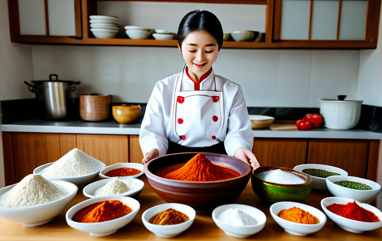 Gochujang Preparation Scene**

A brightly lit kitchen scene, featuring a woman in a professional chef's apron, fully clothed, mixing vibrant red gochugaru with other ingredients in a traditional Korean earthenware bowl. Around her are arranged small bowls containing various ingredients like glutinous rice flour, meju powder, garlic, and ginger. In the background, blurred, are traditional Korean kitchen tools and ingredients. Safe for work, appropriate content, fully clothed, professional, modest, family-friendly. Perfect anatomy, correct proportions, natural pose, well-formed hands, proper finger count, natural body proportions, professional food photography, high quality.

**