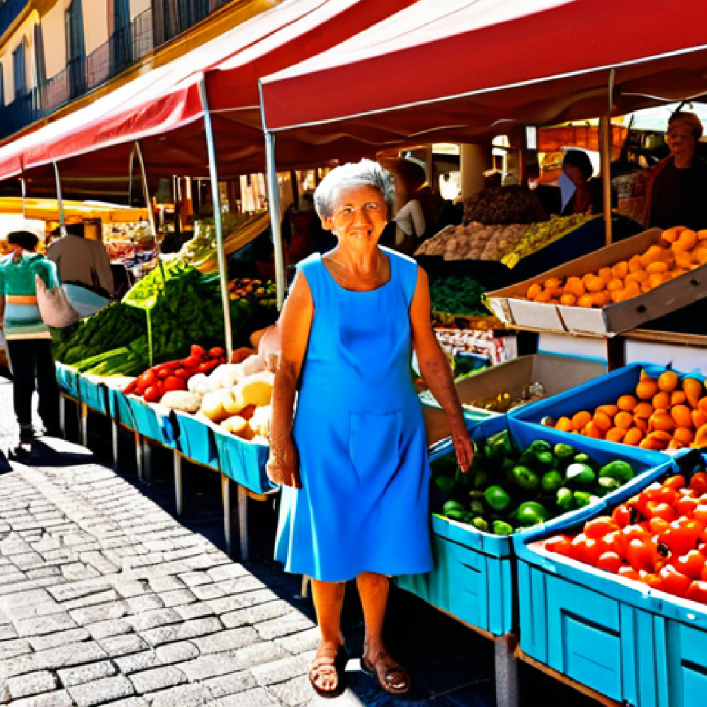 **
A vibrant farmer's market scene in Spain. A friendly woman in a modest sundress is carefully selecting fresh, colorful vegetables. Stalls overflow with tomatoes, peppers, and garlic. Background features sunny skies and bustling shoppers. Safe for work, appropriate content, fully clothed, family-friendly, professional photography, perfect anatomy, natural proportions.
**