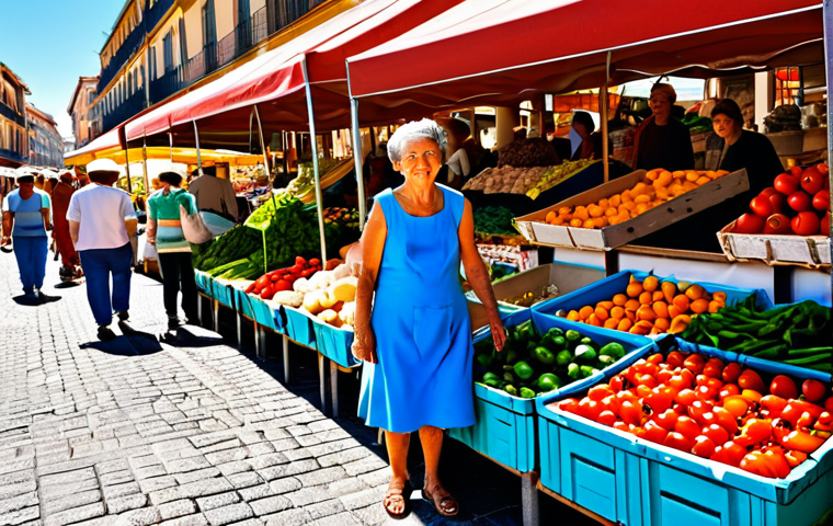 **

A vibrant farmer's market scene in Spain. A friendly woman in a modest sundress is carefully selecting fresh, colorful vegetables. Stalls overflow with tomatoes, peppers, and garlic.  Background features sunny skies and bustling shoppers. Safe for work, appropriate content, fully clothed, family-friendly, professional photography, perfect anatomy, natural proportions.

**