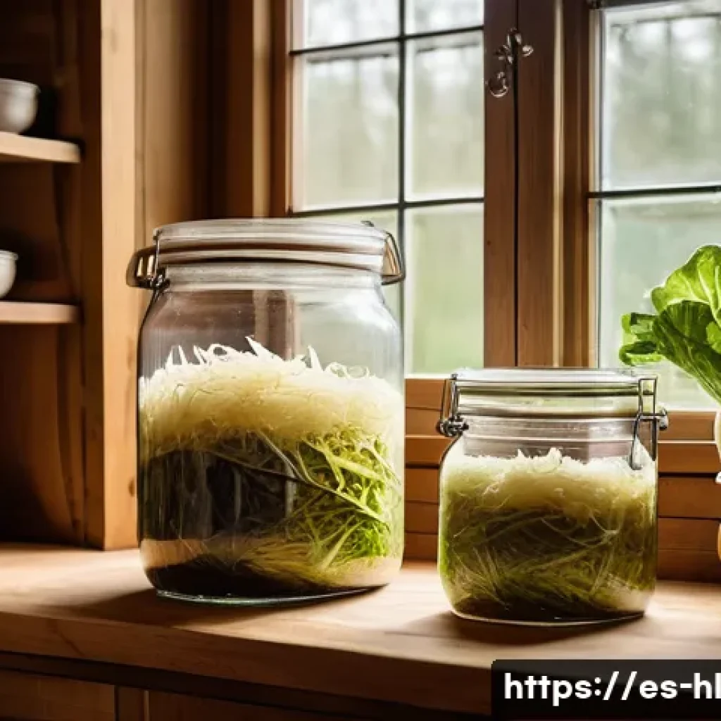 전통 장류 자가 제조를 위한 시기별 가이드 - A rustic kitchen scene showcasing traditional sauerkraut fermentation: a large glass jar filled with...