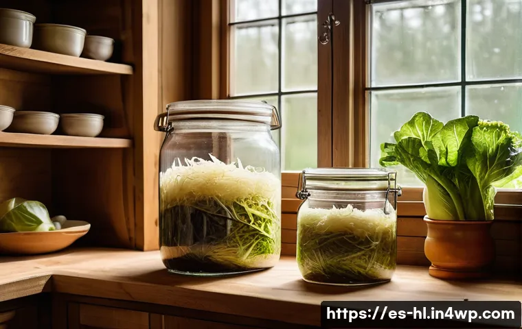 전통 장류 자가 제조를 위한 시기별 가이드 - A rustic kitchen scene showcasing traditional sauerkraut fermentation: a large glass jar filled with...