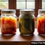 Home 22 전통 장류의 유통기한 및 안전성 - A detailed close-up of traditional homemade kimchi fermentation jars on a rustic wooden kitchen coun...