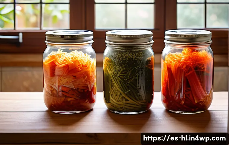 전통 장류의 유통기한 및 안전성 - A detailed close-up of traditional homemade kimchi fermentation jars on a rustic wooden kitchen coun...