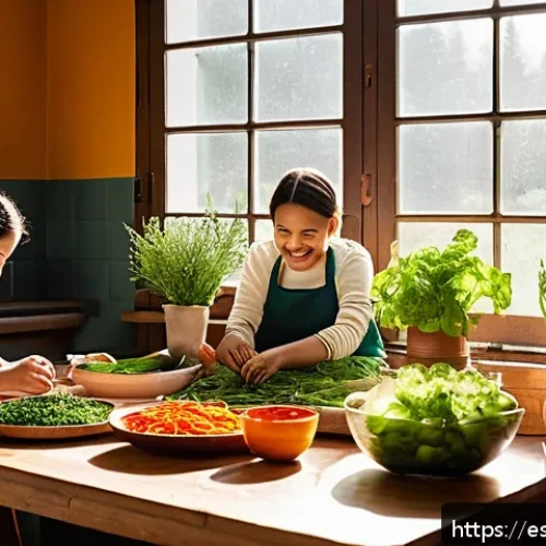 Home 33 전통 장류 자가 제조의 사회적 영향 - A warm, vibrant community workshop scene in a cozy Spanish kitchen, with diverse adults and children...