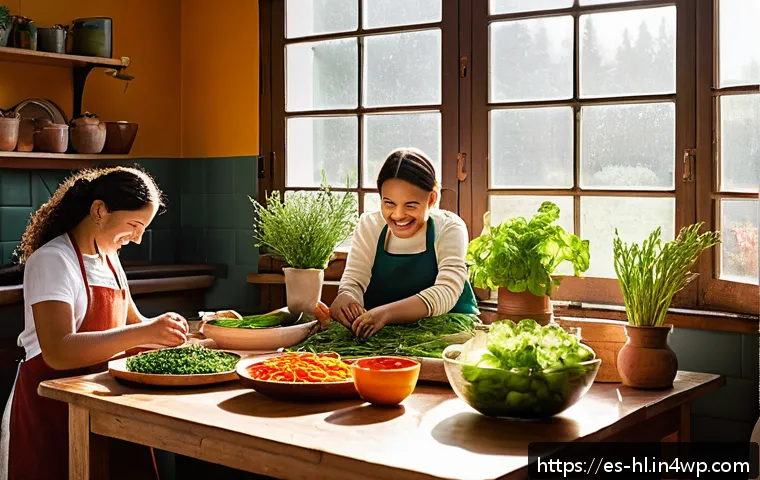 전통 장류 자가 제조의 사회적 영향 - A warm, vibrant community workshop scene in a cozy Spanish kitchen, with diverse adults and children...