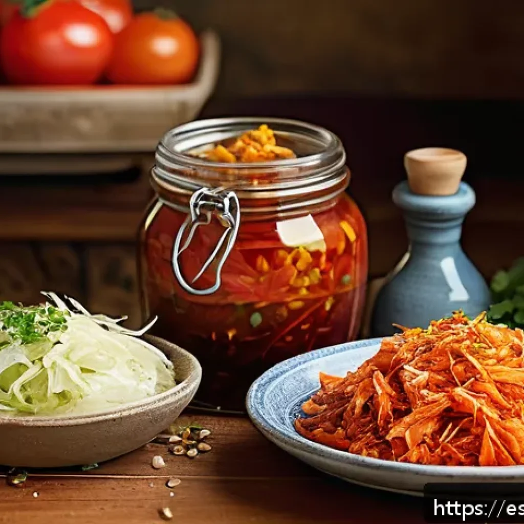 전통 장류를 활용한 건강식 레시피 - A vibrant Spanish kitchen scene showcasing a rustic wooden table filled with traditional fermented f...