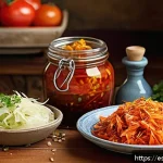 Home 20 전통 장류를 활용한 건강식 레시피 - A vibrant Spanish kitchen scene showcasing a rustic wooden table filled with traditional fermented f...