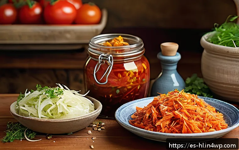 전통 장류를 활용한 건강식 레시피 - A vibrant Spanish kitchen scene showcasing a rustic wooden table filled with traditional fermented f...