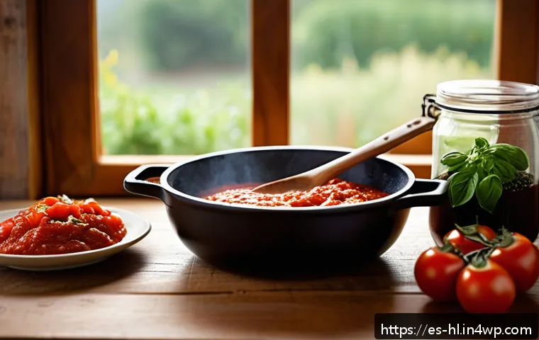 전통 장류 자가 제조 시 추천하는 레시피 - A rustic kitchen scene featuring a wooden table with fresh, vibrant ingredients for homemade tomato ...