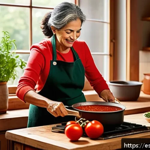 Home 17 전통 장류 자가 제조의 경제적 장점 - A warm, inviting kitchen scene with a middle-aged Hispanic woman in casual attire wearing an apron, ...