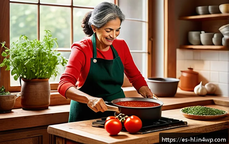 전통 장류 자가 제조의 경제적 장점 - A warm, inviting kitchen scene with a middle-aged Hispanic woman in casual attire wearing an apron, ...