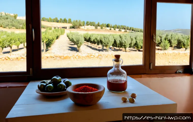 전통 장류 제조에 적합한 지역 특산품 - Photorealistic Andalusian artisan kitchen, a rustic wooden table displaying ripe red peppers, garlic...