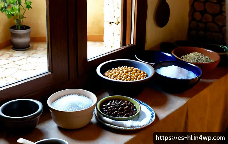전통 장류 자가 제조의 다양한 접근법 - Photorealistic rustic Spanish kitchen showing a clear home fermentation setup for traditional legume...