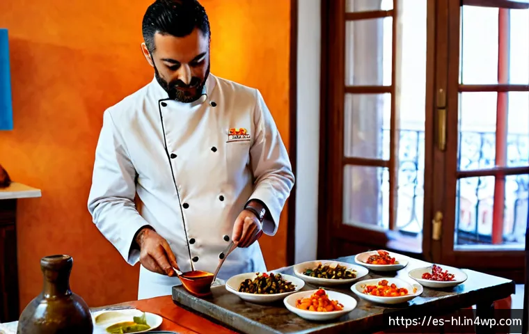 전통 장류의 국제적인 인기와 수출 가능성 - Photorealistic gourmet kitchen in Madrid, a Spanish chef in a clean white jacket using a small unbra...